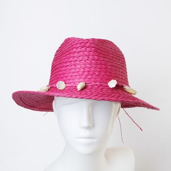 Palarie de paie impletita cu decoratiune din scoici, fucsia