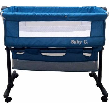 Patut transformabil in balansoar Baby Care Co-Sleeper Albastru Turquoise Cu plasa insecte si cosulet depozitare, 4 roti cu frana, Dimensiuni 85X95X50 cm, Saltea inclusa, Cadru aluminiu