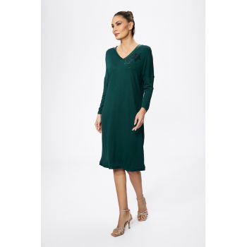 Rochie casual cu strass-uri aplicate si insertii din piele ecologica Ubertha Verde