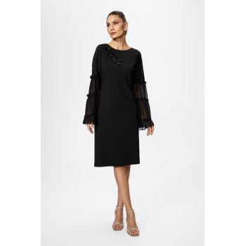 Rochie de ocazie cu maneci clopot din voal si strass-uri Jiana Neagra