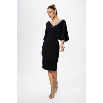 Rochie de ocazie cu maneci tip fluture si strass-uri Tosca Neagra