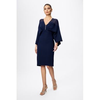 Rochie de ocazie cu pliuri pe bust si maneci maxi Donisha Bleumarin