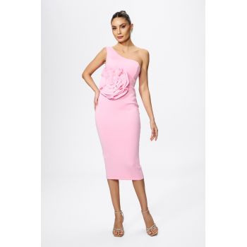 Rochie de ocazie din neopren cu floare 3D Miriana Roz