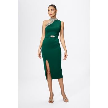 Rochie de ocazie din neopren cu strass-uri Fahima Verde