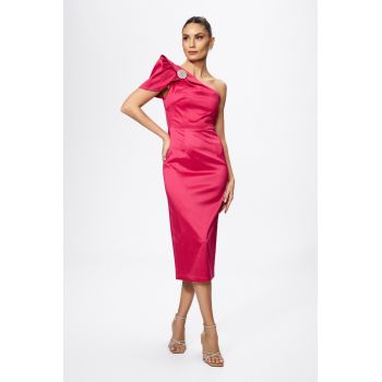 Rochie de ocazie din tafta satinata cu model one shoulder Tanja Fucsia