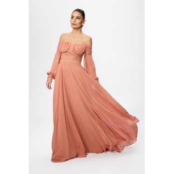Rochie de ocazie din voal cu bust incretit Sensitive Peach