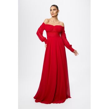 Rochie de ocazie din voal cu bust incretit Sensitive Rosie
