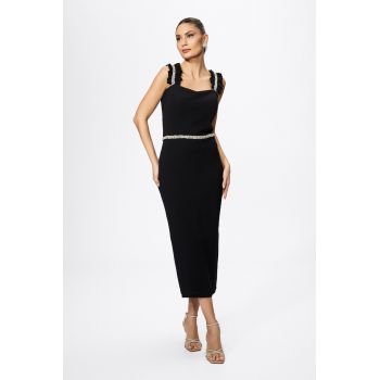 Rochie de ocazie premium cu bretele incretite si strass-uri Lorenza Neagra