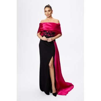 Rochie de ocazie premium cu crepeu in fata si detalii din organza Orchid Neagra