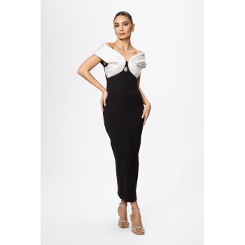 Rochie de ocazie premium cu detalii albe si strass-uri la bust Dahlia Neagra