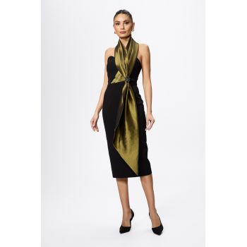 Rochie de ocazie premium cu detaliu tip esarfa kaki Tazia Neagra