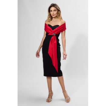 Rochie de ocazie premium cu detaliu tip esarfa rosie Tazia Neagra