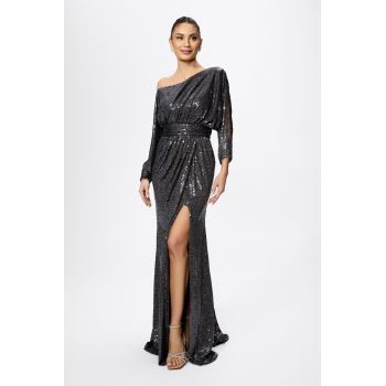 Rochie de ocazie premium cu paiete si pliuri in talie Ersilia Antracit