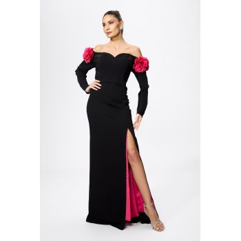 Rochie de ocazie premium cu trena si flori 3D la umeri Piacenza Neagra