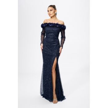 Rochie de ocazie premium din tull cu paiete si flori 3D Lucasta Bleumarin