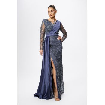 Rochie de ocazie premium din tull si satin cu paiete si strass-uri Monalisa Gri