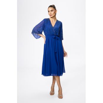 Rochie de ocazie premium din voal cu strass-uri si cordon in talie Legra Albastra