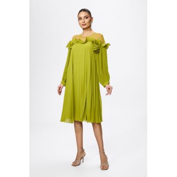 Rochie de ocazie premium din voal plisat cu brosa tip floare Marren Fistic