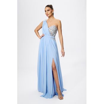 Rochie de ocazie premium tip one shoulder din voal Bella Vita Bleu