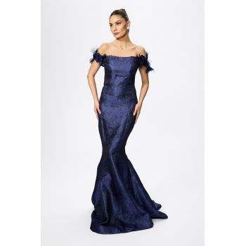 Rochie de ocazie premium tip sirena cu flori 3D si pene Ludovika Bleumarin