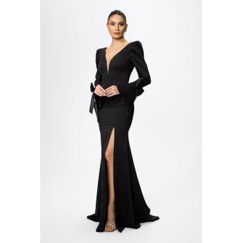 Rochie de ocazie premium tip sirena cu fundite la maneci Amati Neagra
