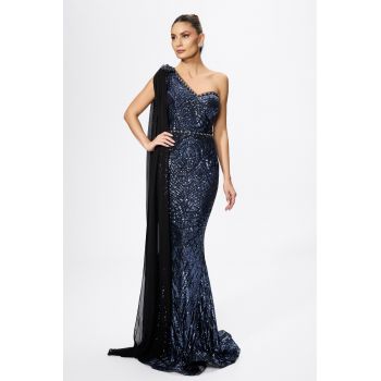Rochie de ocazie premium tip sirena cu paiete si strass-uri Leonessa Bleumarin