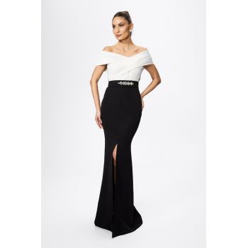Rochie de ocazie premium tip sirena cu pliuri pe bust Giovitta Bicolora