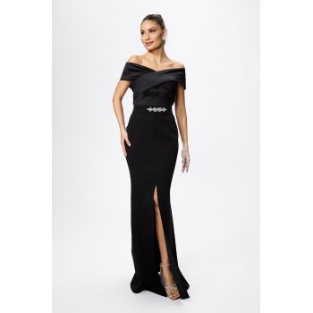 Rochie de ocazie premium tip sirena cu pliuri pe bust Giovitta Neagra