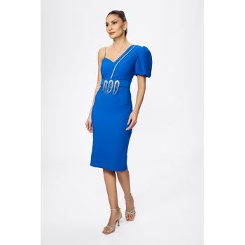 Rochie de ocazie tip one shoulder accesorizata cu strass-uri Vista Albastra