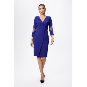 Rochie eleganta cu butoni pe fata si insertii din tull la maneci Matthia Albastra