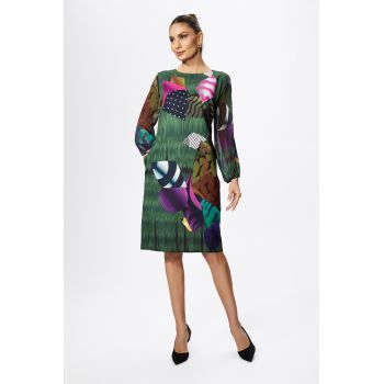 Rochie eleganta cu maneci din voal si imprimeu Izetta Verde
