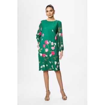 Rochie eleganta cu maneci din voal si imprimeu Nerra Verde