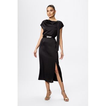 Rochie eleganta din satin cu crepeu in fata Isolina Neagra