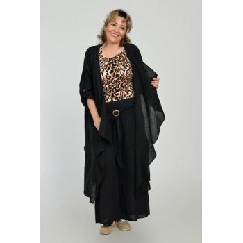 Blazer lung din in, fluid, cu revere, negru