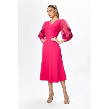 Rochie de ocazie cu flori 3D pe maneci si butoni cu strass-uri Denitra Fucsia