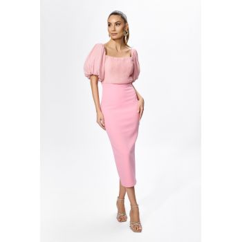 Rochie de ocazie din crepe cu maneci bufante si voal creponat Amaya Roz