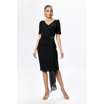 Rochie de ocazie din licra cu fir lame si detaliu din voal tip esarfa Brillia Neagra