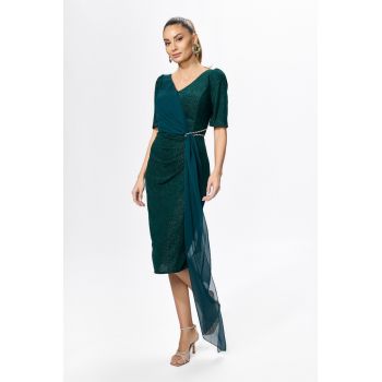 Rochie de ocazie din licra cu fir lame si detaliu din voal tip esarfa Brillia Verde