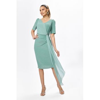 Rochie de ocazie din licra cu fir lame si detaliu din voal tip esarfa Brillia Vernil