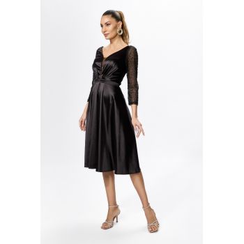 Rochie de ocazie din licra satinat cu paiete pe maneci Maura Neagra