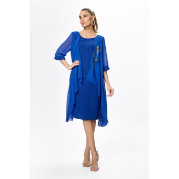 Rochie de ocazie din licra si voal cu aplicatie din strass-uri tip floare Helmina Albastra