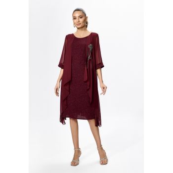 Rochie de ocazie din licra si voal cu aplicatie din strass-uri tip floare Helmina Bordo