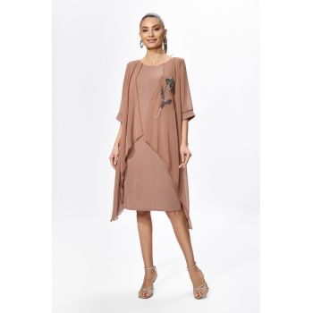 Rochie de ocazie din licra si voal cu aplicatie din strass-uri tip floare Helmina Maro
