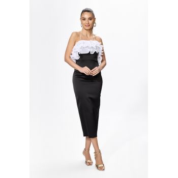 Rochie de ocazie din satin cu volane albe Shalisha Bicolora