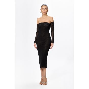 Rochie de ocazie midi cu strass-uri si maneci detasabile Nereea Neagra