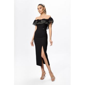 Rochie de ocazie midi cu volane din tull Derya Neagra