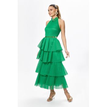 Rochie de ocazie premium cu spatele gol si volane Lisaura Verde