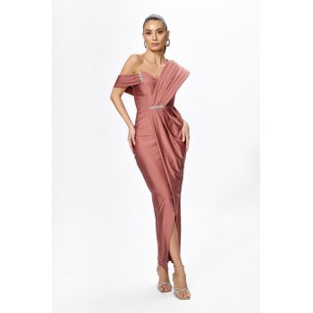Rochie de ocazie premium din licra cu model petrecut si strass-uri Vivere Somon