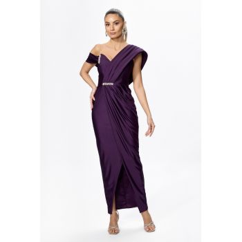 Rochie de ocazie premium din licra cu model petrecut si strass-uri Vivere Violet