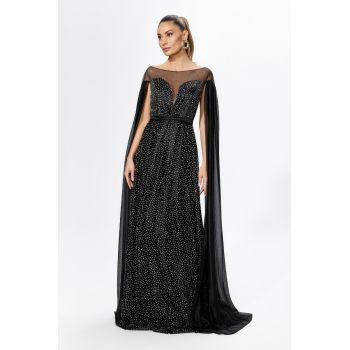 Rochie de ocazie premium din voal cu glitter si strass-uri Trieste Neagra